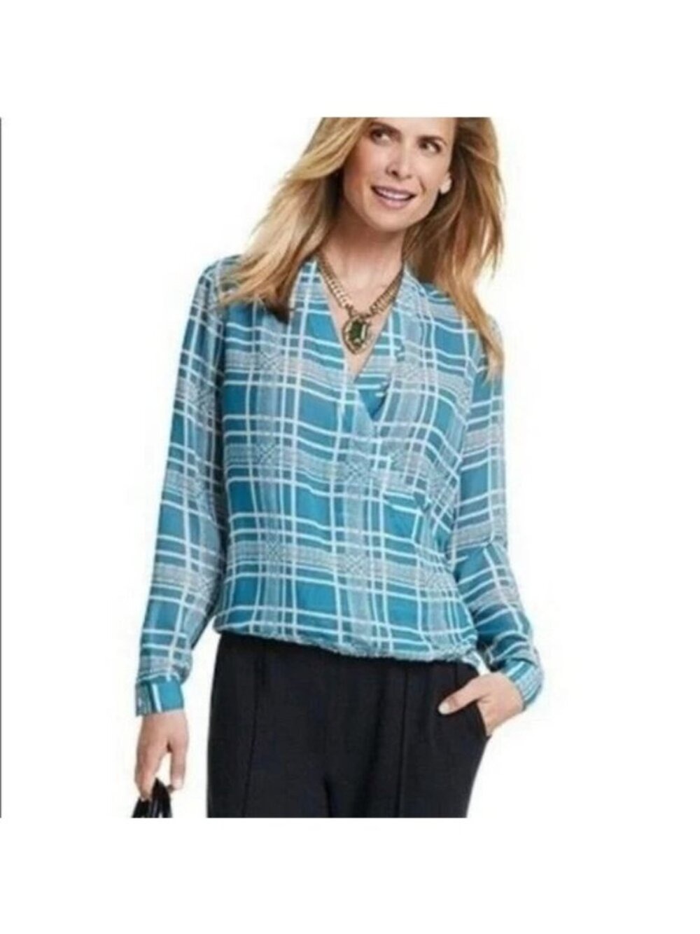 CABI 3068 Windowpane Faux Wrap Blouse Top Teal & Cream Medium